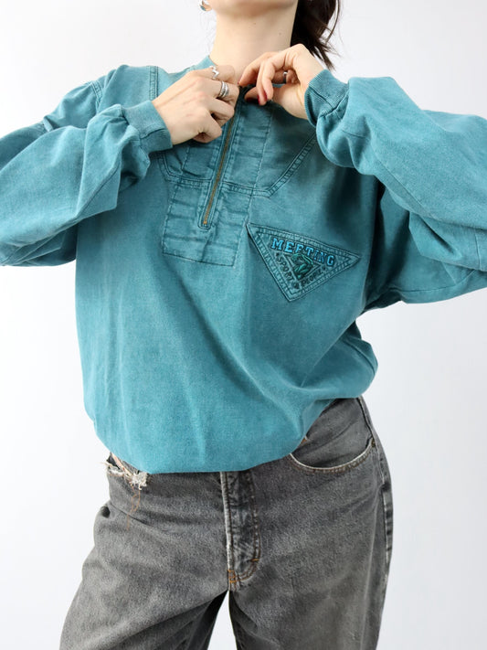 Vintage 80er 90er TEAM MEETING Sweatshirt Pullover Stickerei Reißverschluss grün M