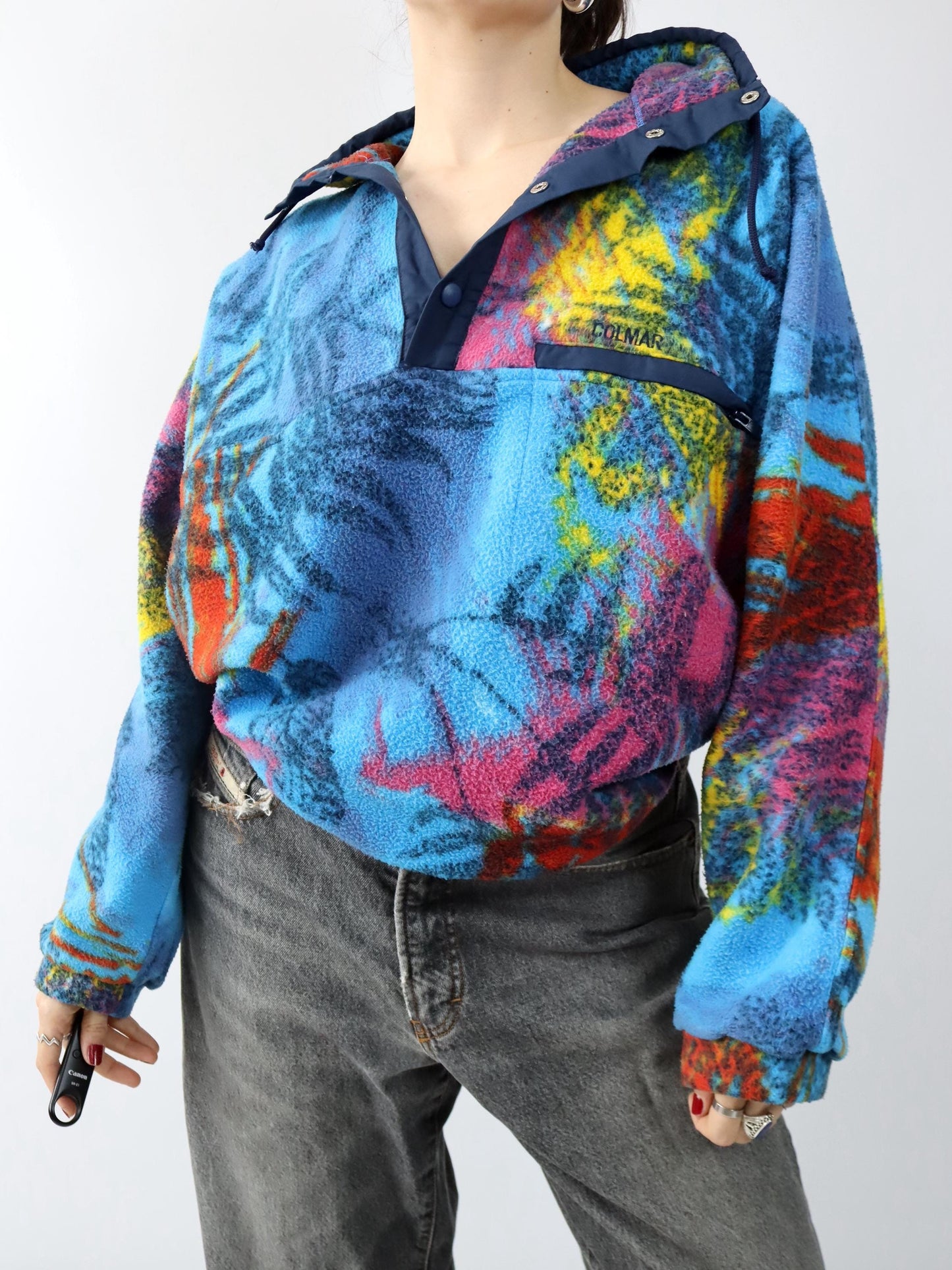 Vintage 80er 90er COLMAR Fleecepullover Fleece Stehkragen crazy pattern bunt XL