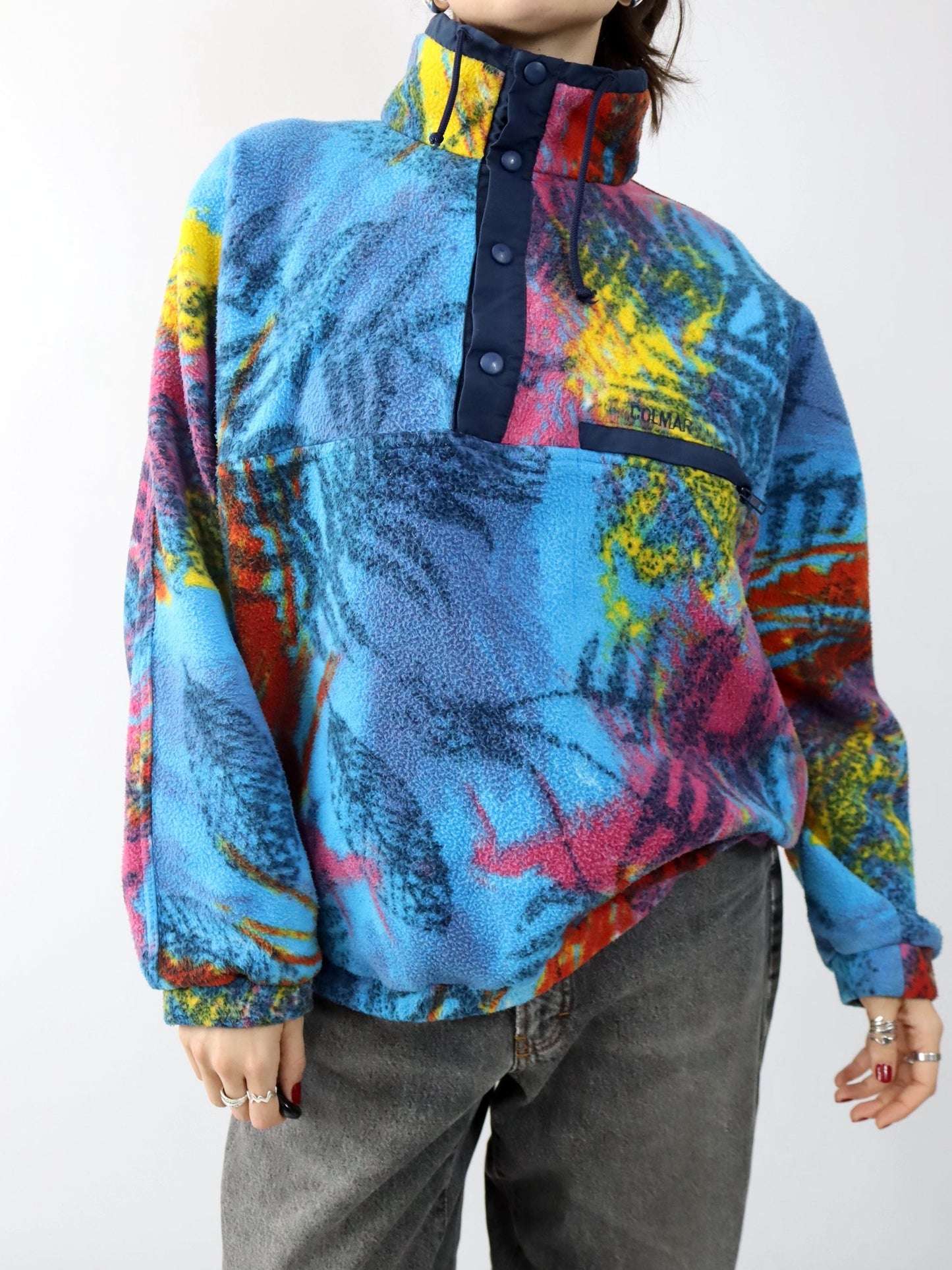 Vintage 80er 90er COLMAR Fleecepullover Fleece Stehkragen crazy pattern bunt XL