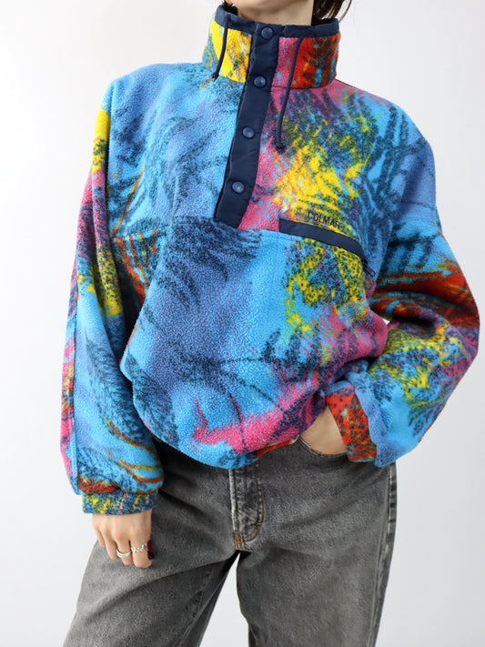 Vintage 80er 90er COLMAR Fleecepullover Fleece Stehkragen crazy pattern bunt XL