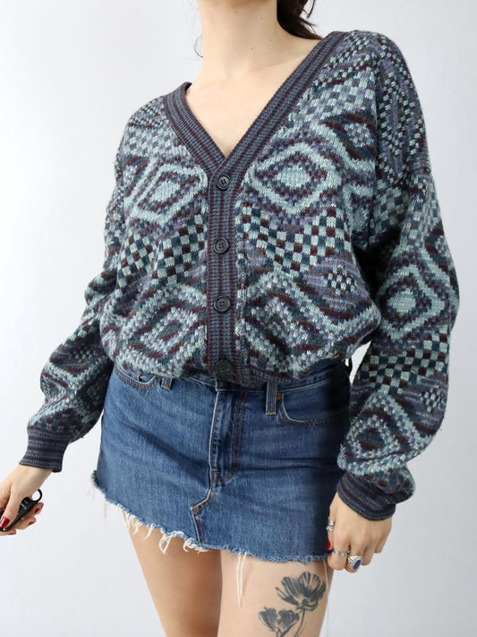 Vintage 80er 90er F. MORRI Cardigan Wollcardigan Strickjacke wolle gemustert M