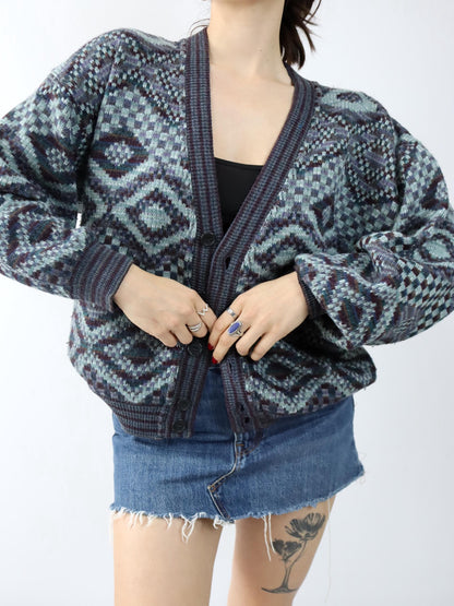 Vintage 80er 90er F. MORRI Cardigan Wollcardigan Strickjacke wolle gemustert M