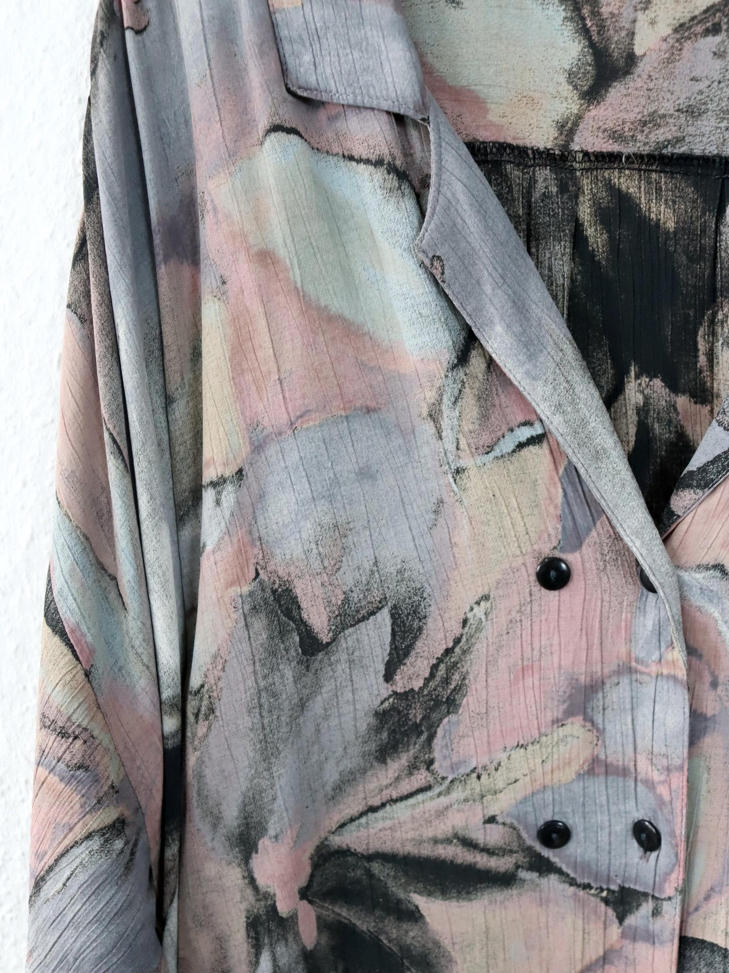 Vintage 80er 90er HOPSACK Bluse langarm luftig Doppelknopfreihe Crazy Pattern Viskose L