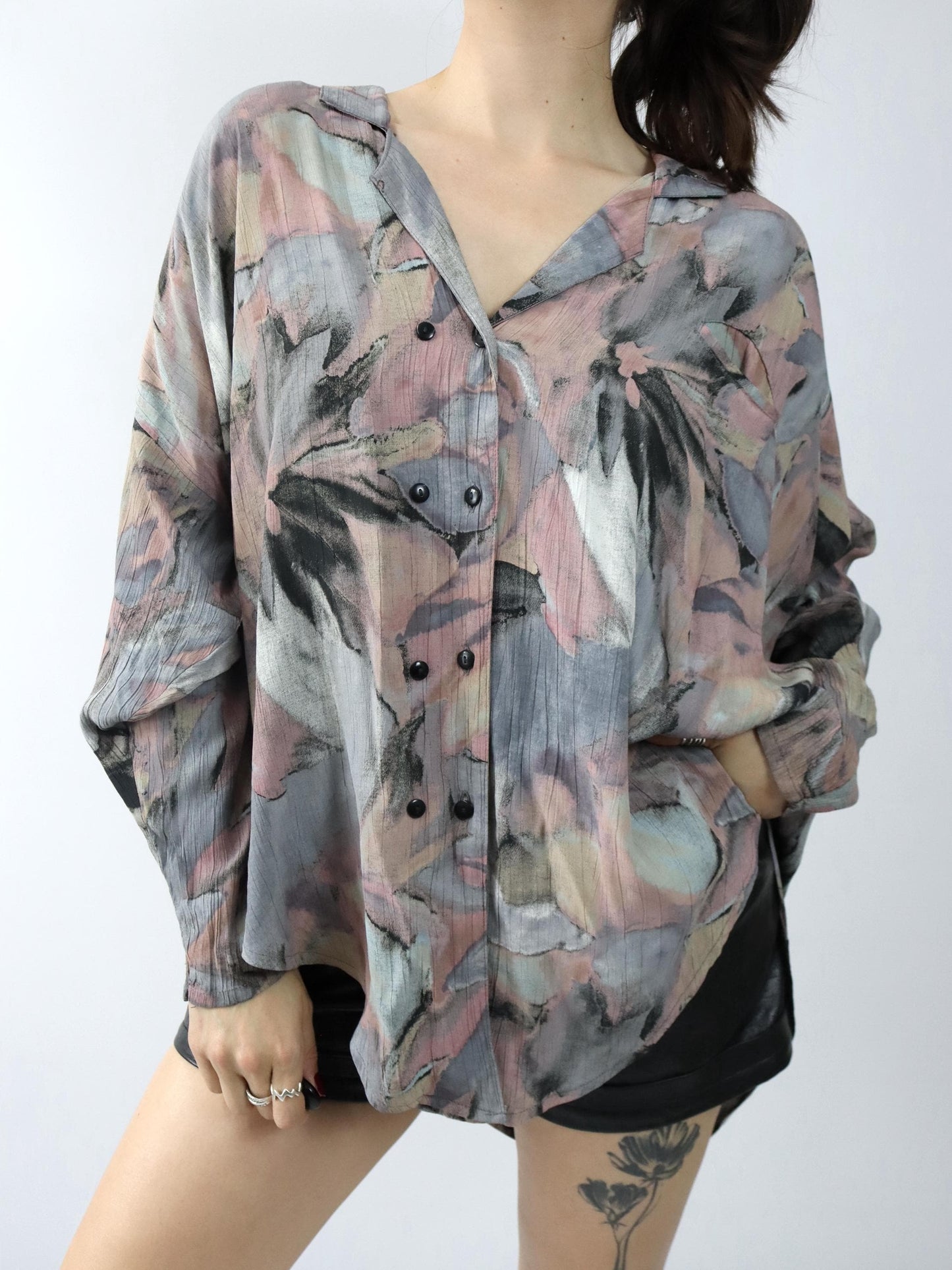 Vintage 80er 90er HOPSACK Bluse langarm luftig Doppelknopfreihe Crazy Pattern Viskose L