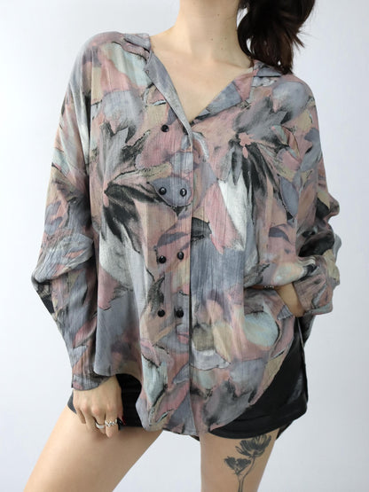 Vintage 80er 90er HOPSACK Bluse langarm luftig Doppelknopfreihe Crazy Pattern Viskose L