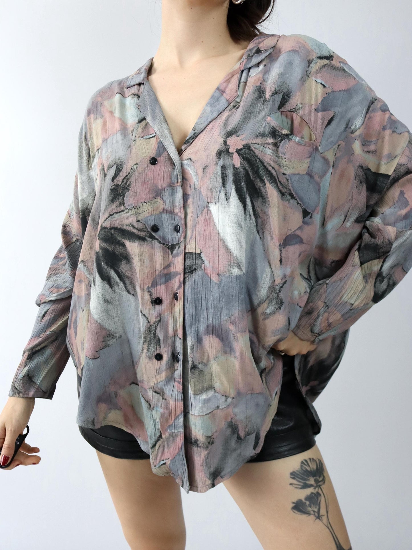 Vintage 80er 90er HOPSACK Bluse langarm luftig Doppelknopfreihe Crazy Pattern Viskose L