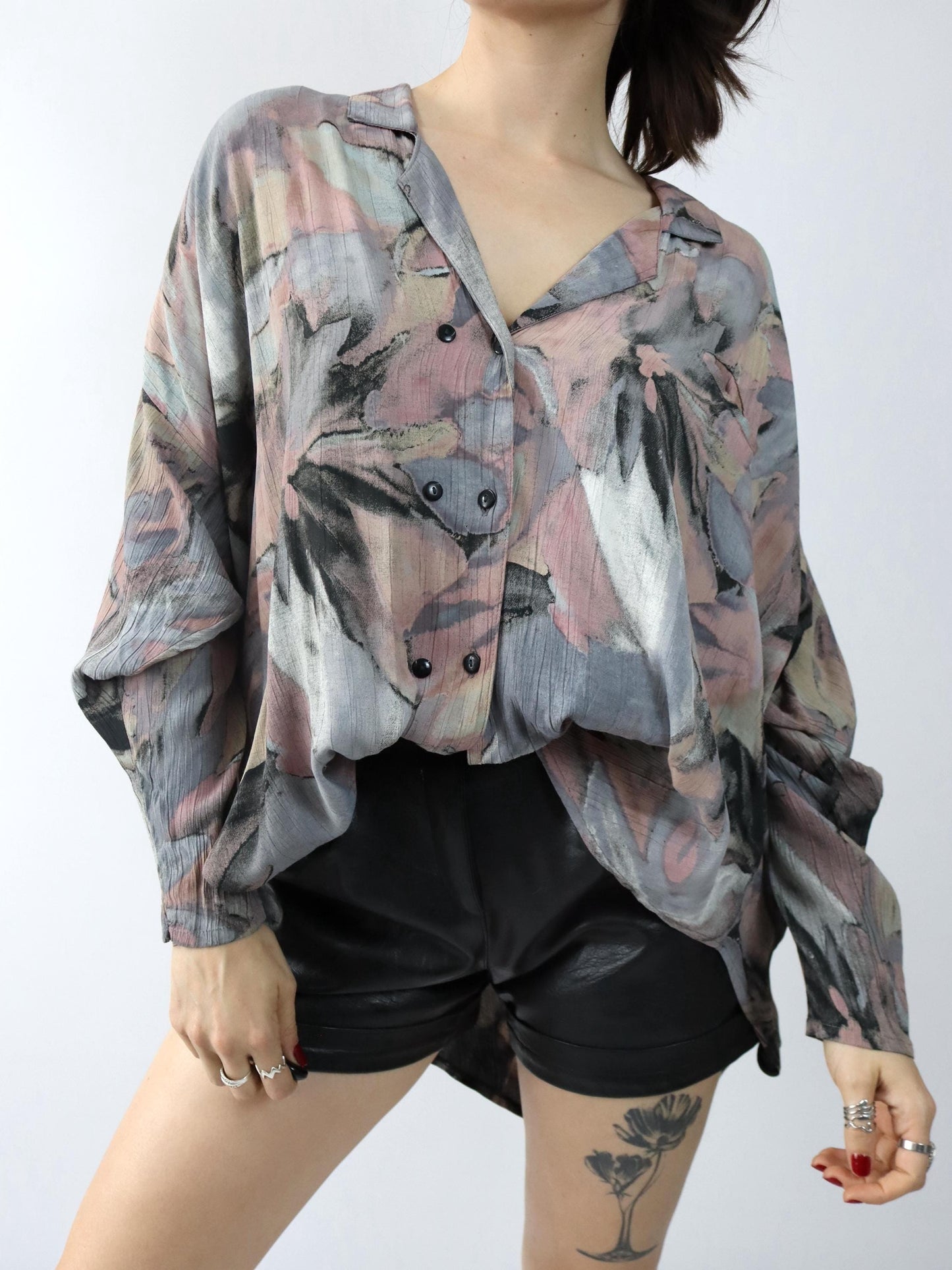 Vintage 80er 90er HOPSACK Bluse langarm luftig Doppelknopfreihe Crazy Pattern Viskose L
