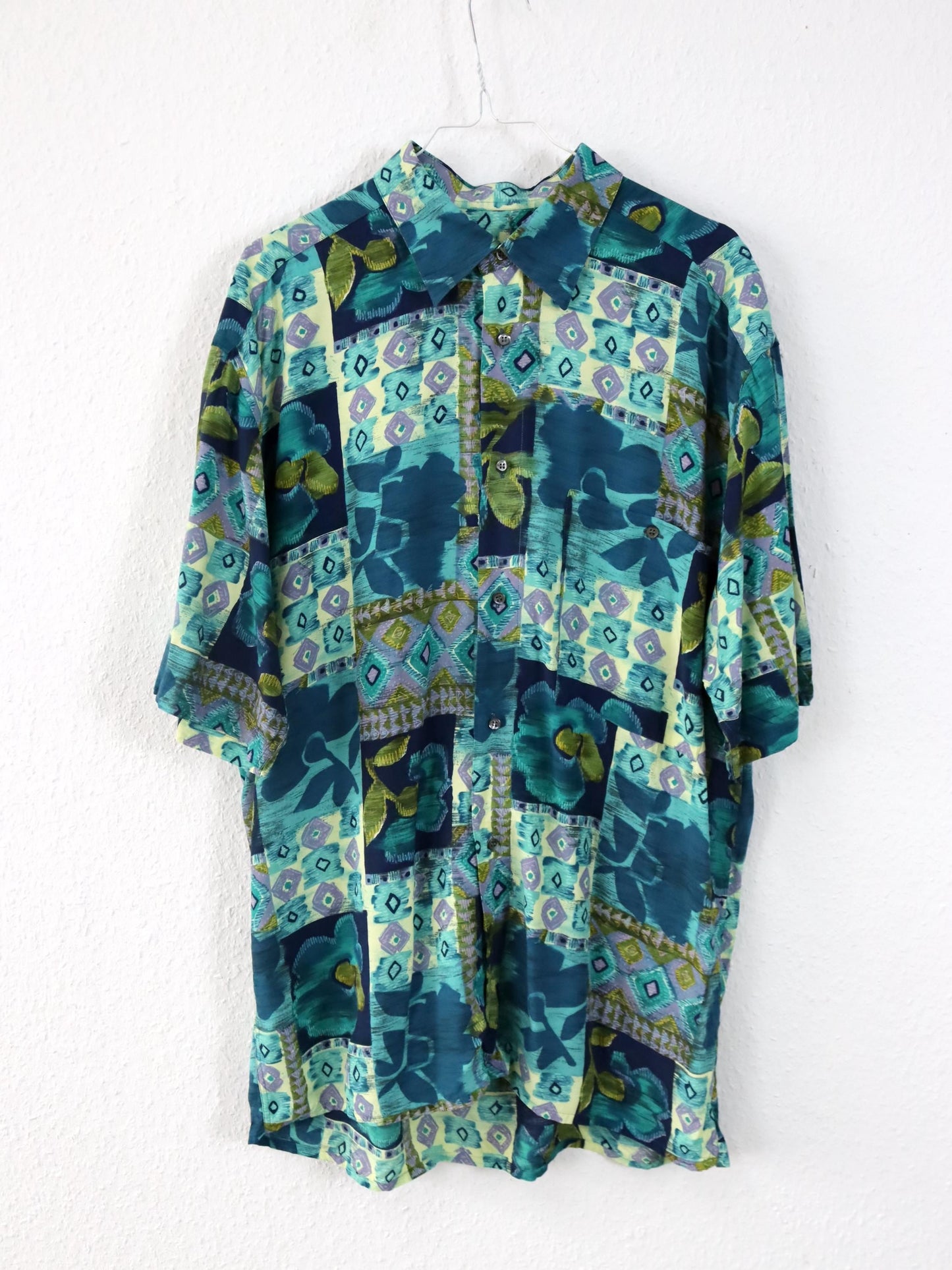 Vintage 80er 90er CARLO REGONA Hemd kurzarm crazy pattern Viskose blau grün XL