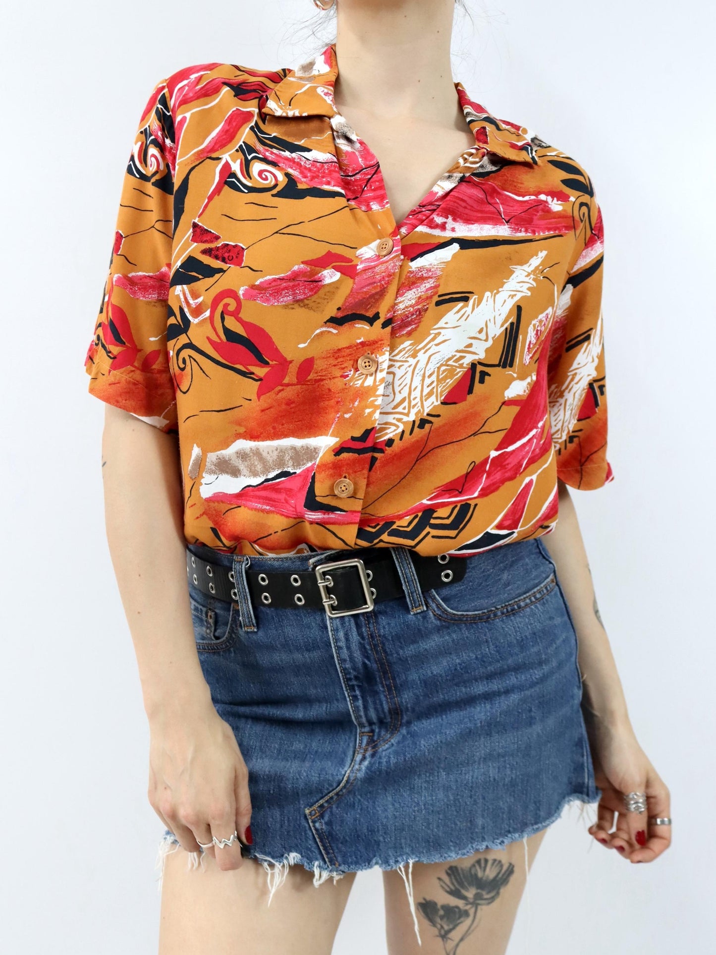 Vintage 80er 90er Hemd Bluse kurzarm crazy pattern orange rot L