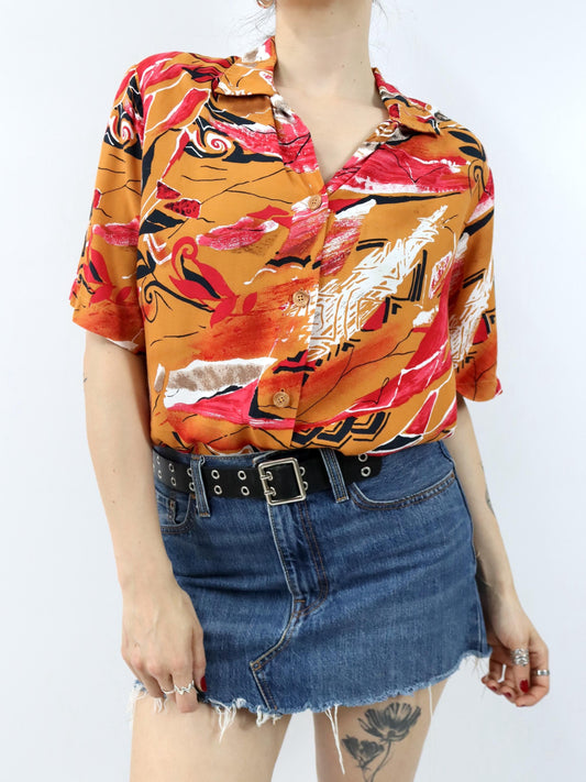 Vintage 80er 90er Hemd Bluse kurzarm crazy pattern orange rot L