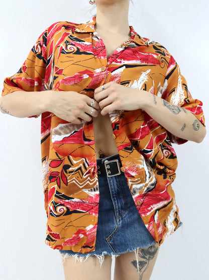 Vintage 80er 90er Hemd Bluse kurzarm crazy pattern orange rot L