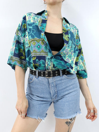 Vintage 80er 90er CARLO REGONA Hemd kurzarm crazy pattern Viskose blau grün XL