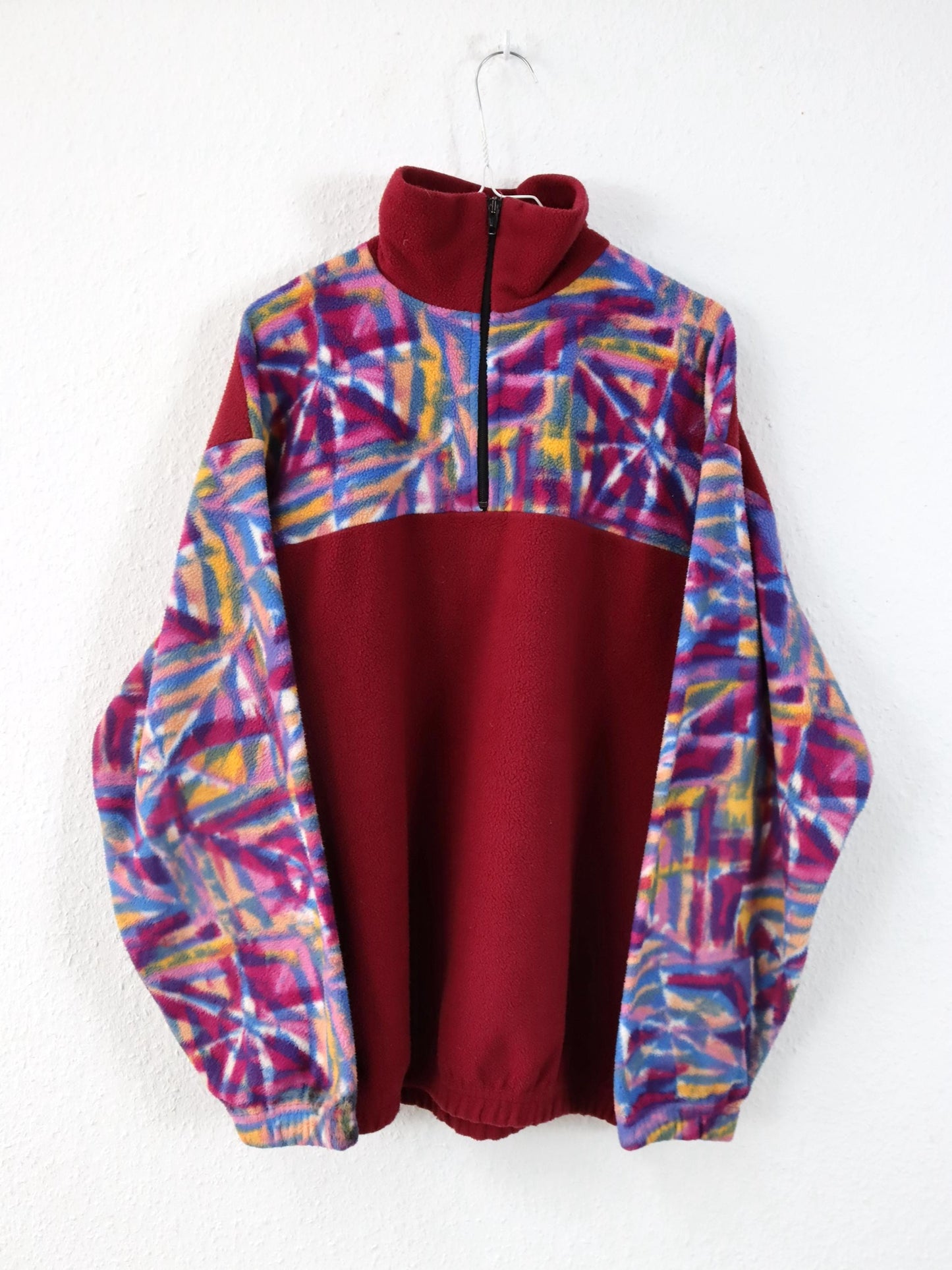 Vintage 80er 90er Fleecepullover Pullover  Stehkragen crazy pattern rot blau gelb XL