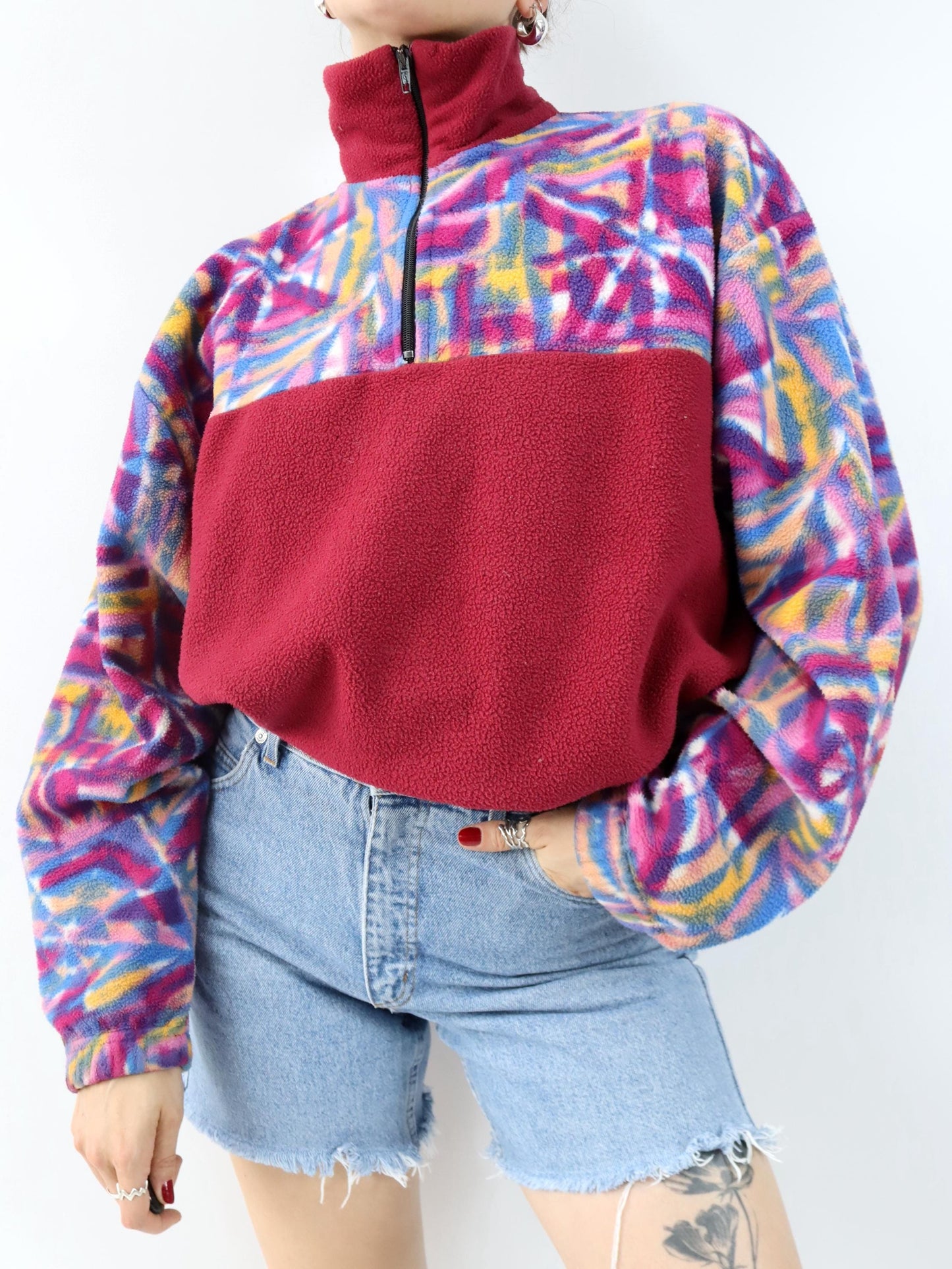 Vintage 80er 90er Fleecepullover Pullover  Stehkragen crazy pattern rot blau gelb XL