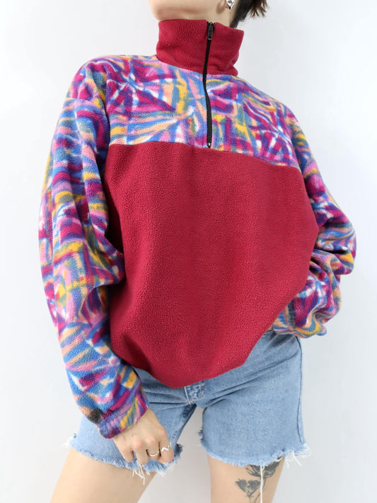 Vintage 80er 90er Fleecepullover Pullover  Stehkragen crazy pattern rot blau gelb XL