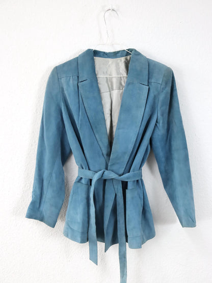 Vintage 80er 90er CASA LOPEZ Blazer Wildleder Jacke hellblau Schulterpolster Gürtel S/M