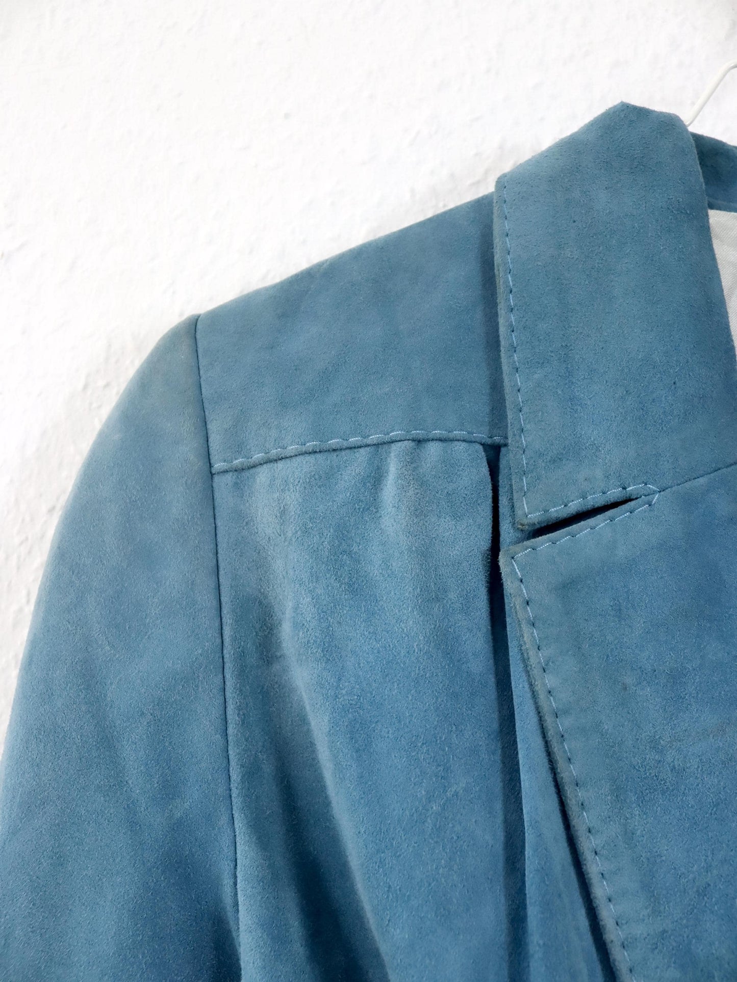 Vintage 80er 90er CASA LOPEZ Blazer Wildleder Jacke hellblau Schulterpolster Gürtel S/M