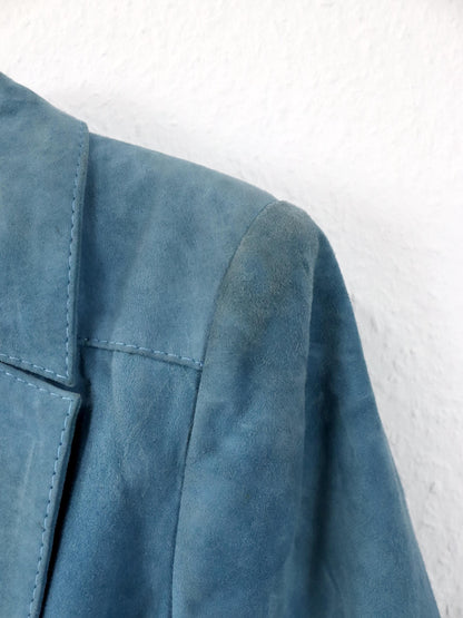 Vintage 80er 90er CASA LOPEZ Blazer Wildleder Jacke hellblau Schulterpolster Gürtel S/M