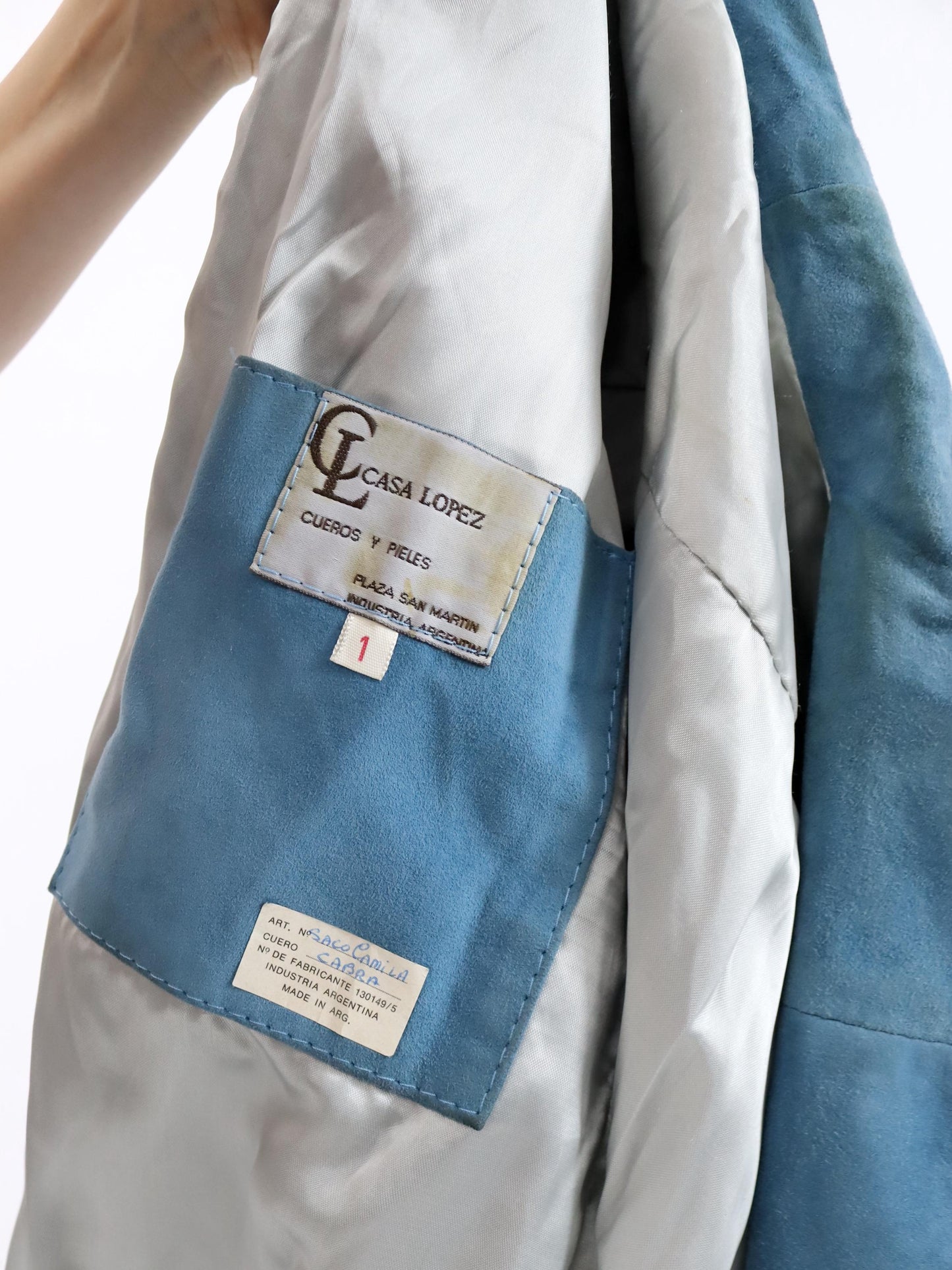 Vintage 80er 90er CASA LOPEZ Blazer Wildleder Jacke hellblau Schulterpolster Gürtel S/M