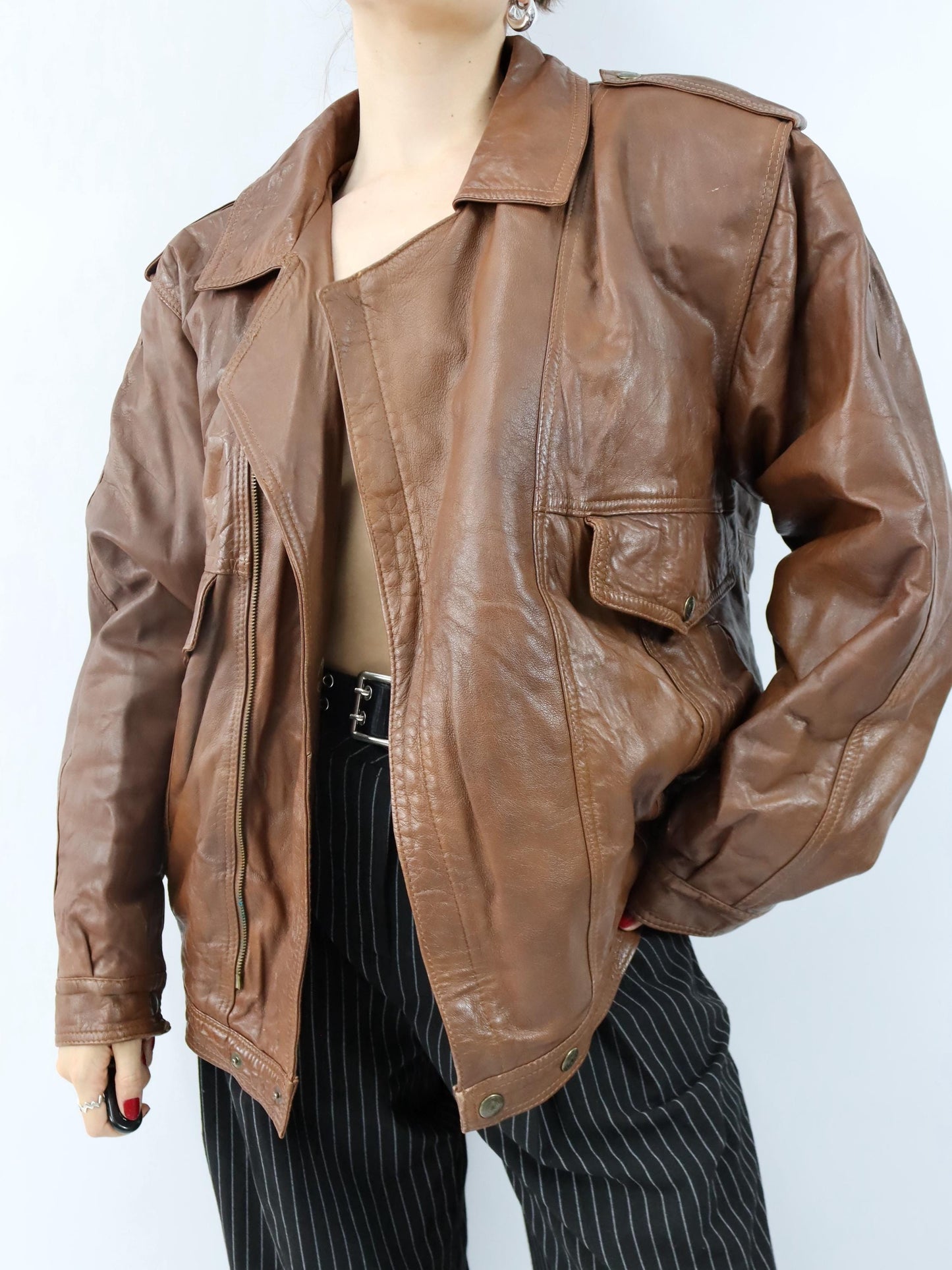 Vintage 80er 90er VERA PELLE Lederjacke Jacke Schulterpolster braun XL