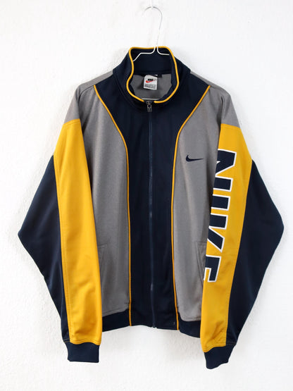 Vintage 80er 90er NIKE Trainingsjacke Jacke Stehkragen dunkelblau grau gelb M