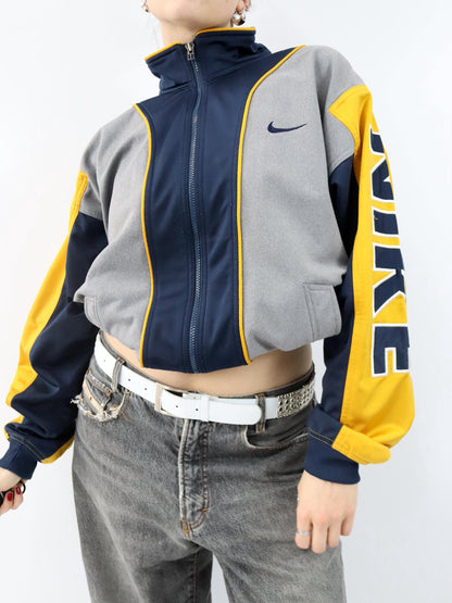 Vintage 80er 90er NIKE Trainingsjacke Jacke Stehkragen dunkelblau grau gelb M