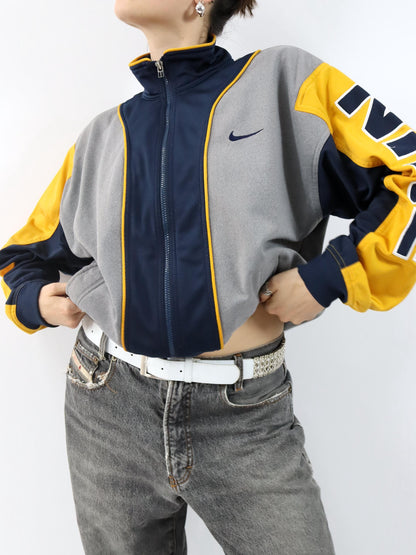 Vintage 80er 90er NIKE Trainingsjacke Jacke Stehkragen dunkelblau grau gelb M