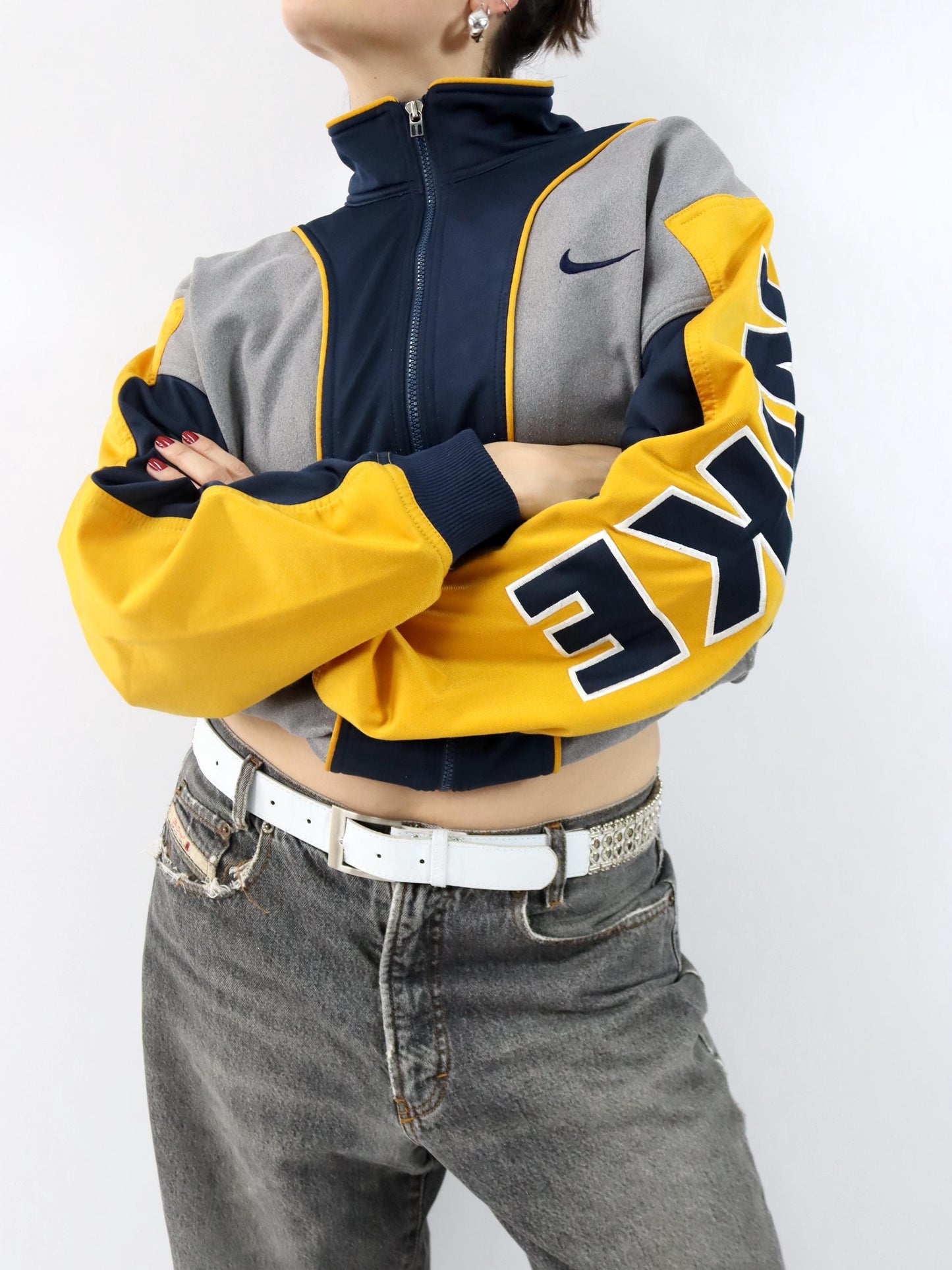 Vintage 80er 90er NIKE Trainingsjacke Jacke Stehkragen dunkelblau grau gelb M