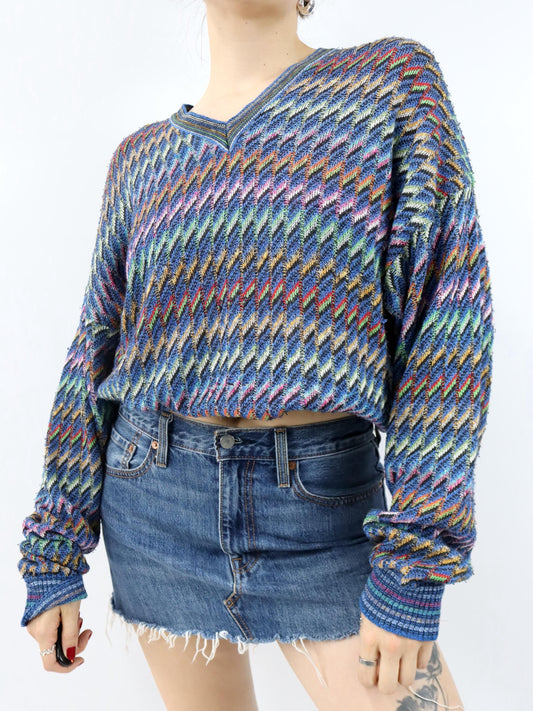 Vintage 80er 90er Strickpullover Pullover V-Ausschnitt bunt gemustert XL 54