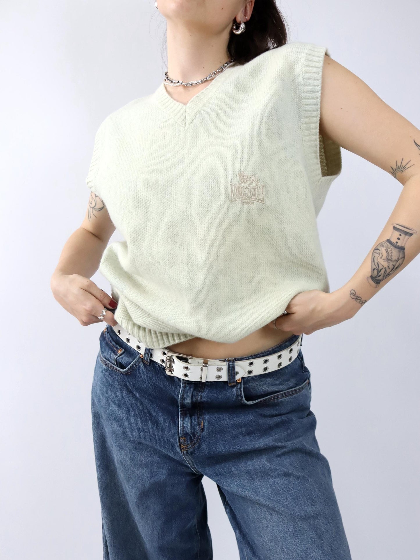 Vintage 90er 00er LONSDALE Pullunder Wolle beige V-Ausschnitt XL