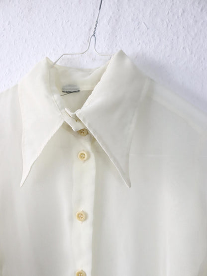 Vintage 80er 90er Bluse langarm transparent cremeweiß Spitzkragen S