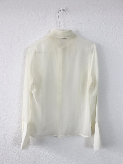 Vintage 80er 90er Bluse langarm transparent cremeweiß Spitzkragen S