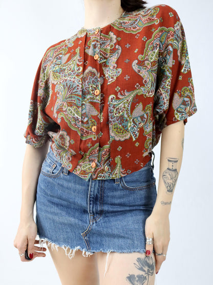 Vintage 80er 90er Bluse kurzarm crazy pattern Paisley Leinen Viskose M