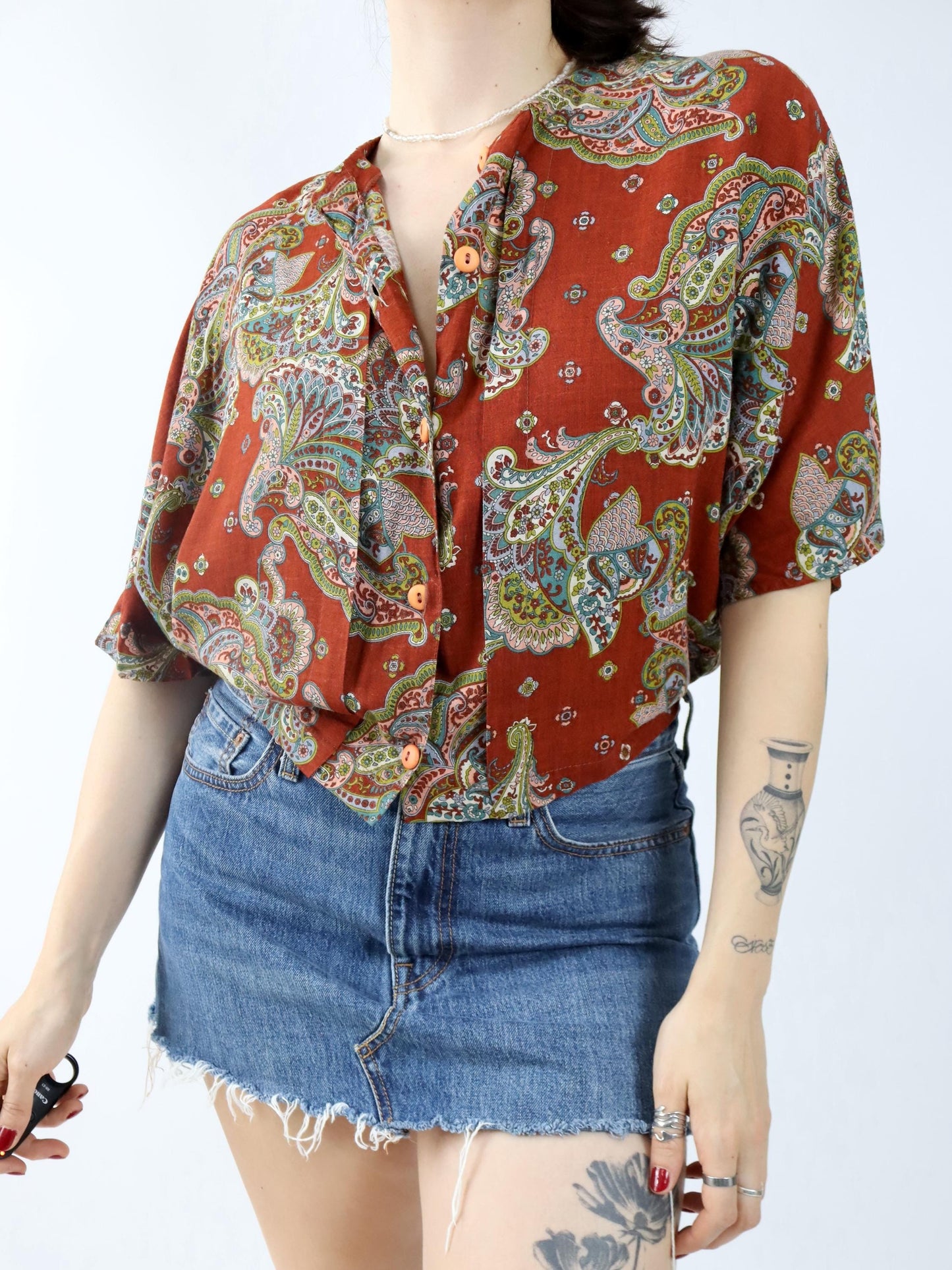 Vintage 80er 90er Bluse kurzarm crazy pattern Paisley Leinen Viskose M