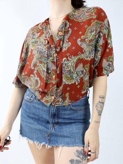 Vintage 80er 90er Bluse kurzarm crazy pattern Paisley Leinen Viskose M