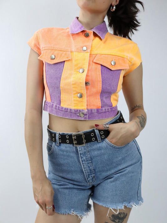 Vintage 80er 90er TOUR PASS Weste Jeansweste Crop Color Block kurzarm bauchfrei top Denim S