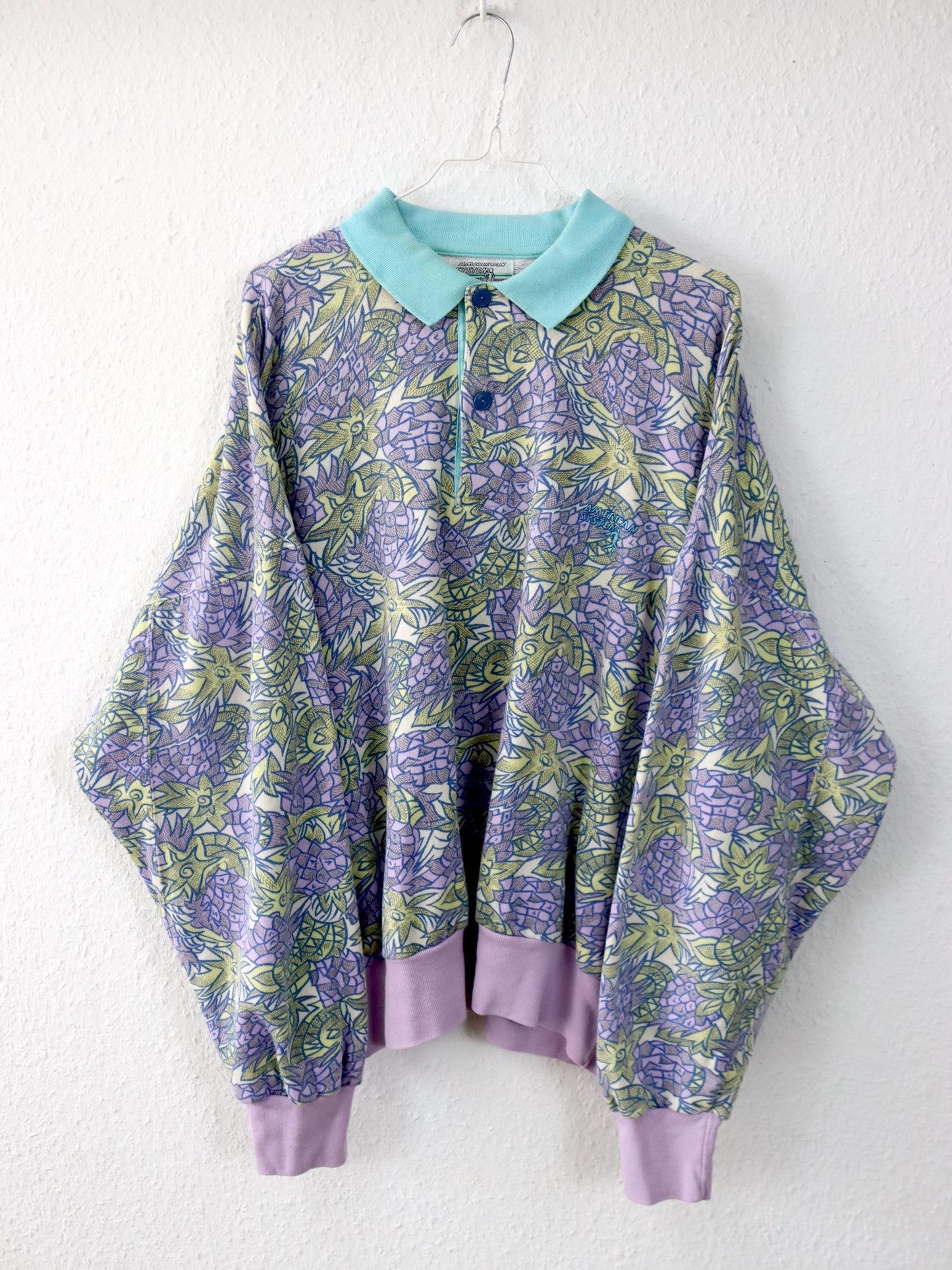 Vintage 80er 90er AMERICAN SYSTEM Sweatshirt Pullover crazy pattern flieder pastel XXL