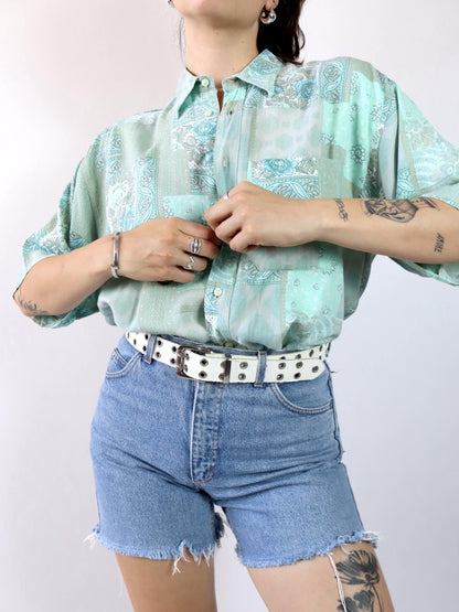 Vintage 80er 90er Hemd kurzarm crazy pattern hellblau M