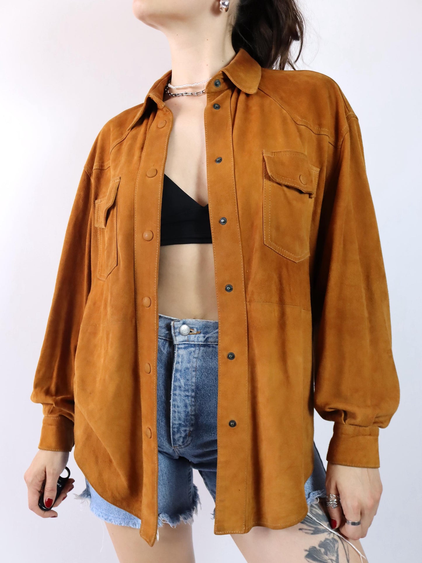 Vintage 80er 90er Wildlederhemd Hemd langarm Wildleder braun 46 S/M