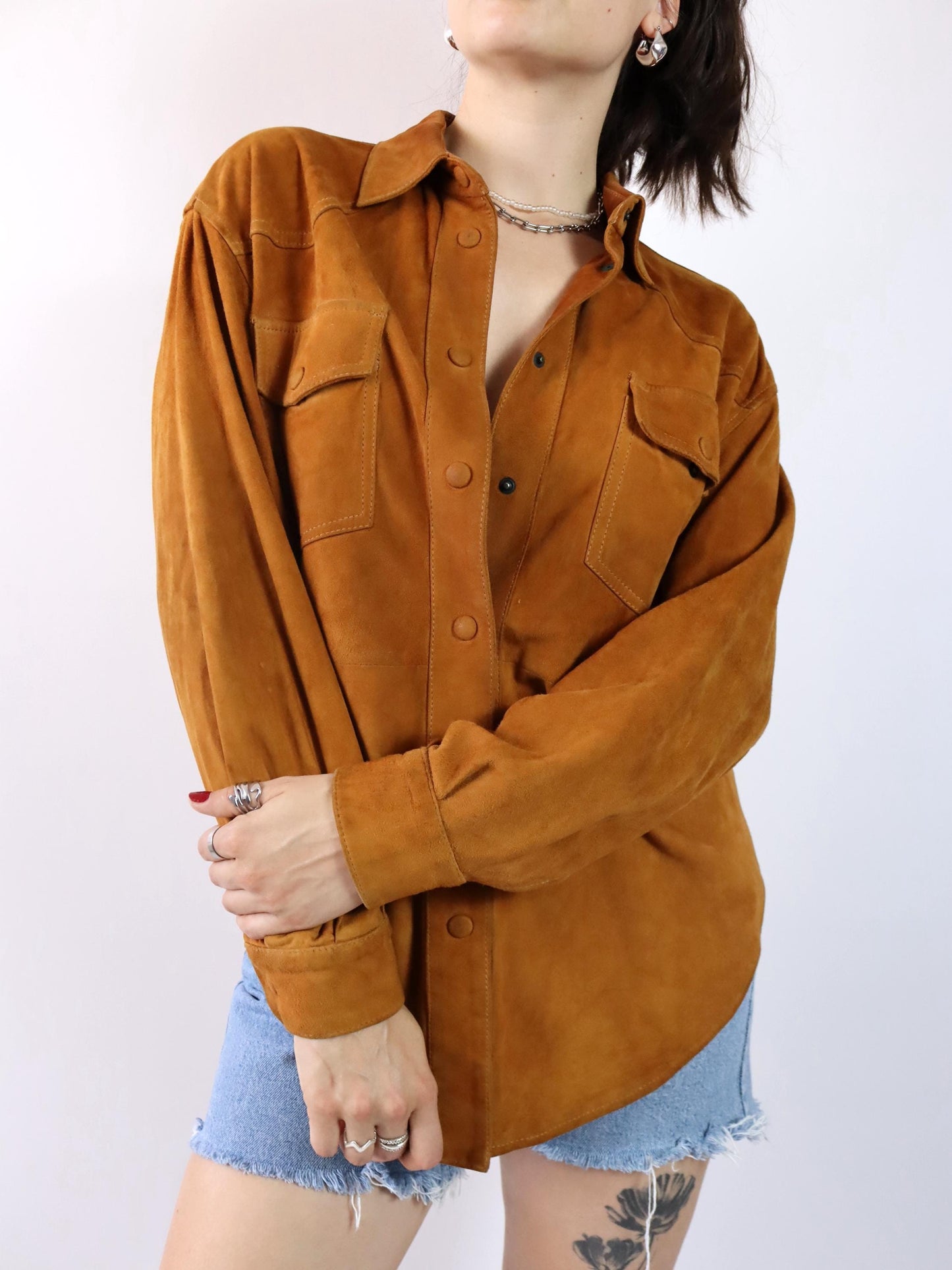 Vintage 80er 90er Wildlederhemd Hemd langarm Wildleder braun 46 S/M