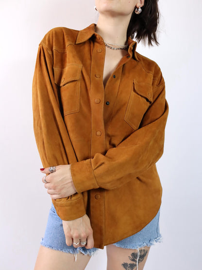 Vintage 80er 90er Wildlederhemd Hemd langarm Wildleder braun 46 S/M