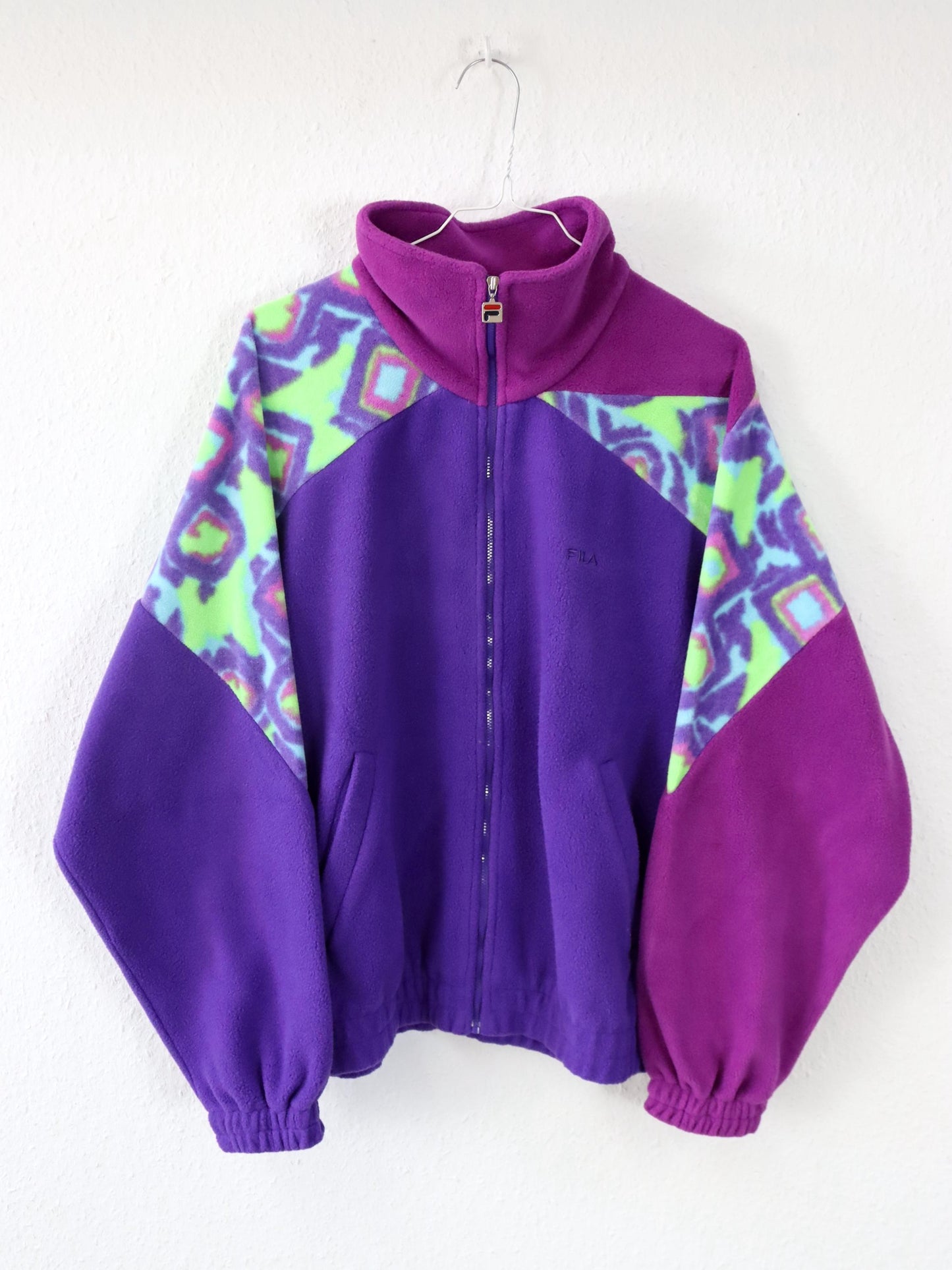 Vintage 80er 90er FILA Fleecejacke Jacke Stehkragen Reißverschluss Fleece pink lila crazy pattern 42