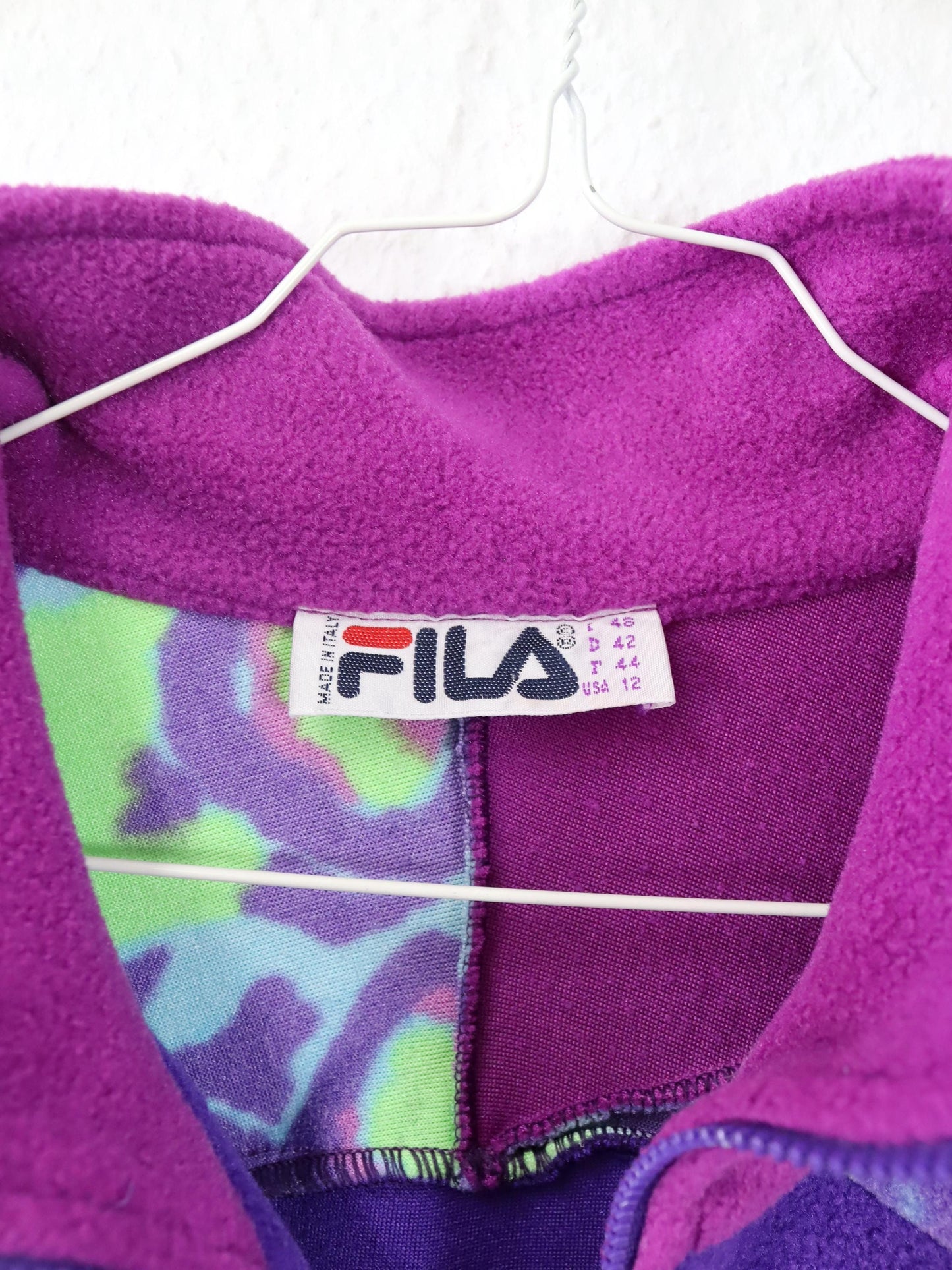 Vintage 80er 90er FILA Fleecejacke Jacke Stehkragen Reißverschluss Fleece pink lila crazy pattern 42