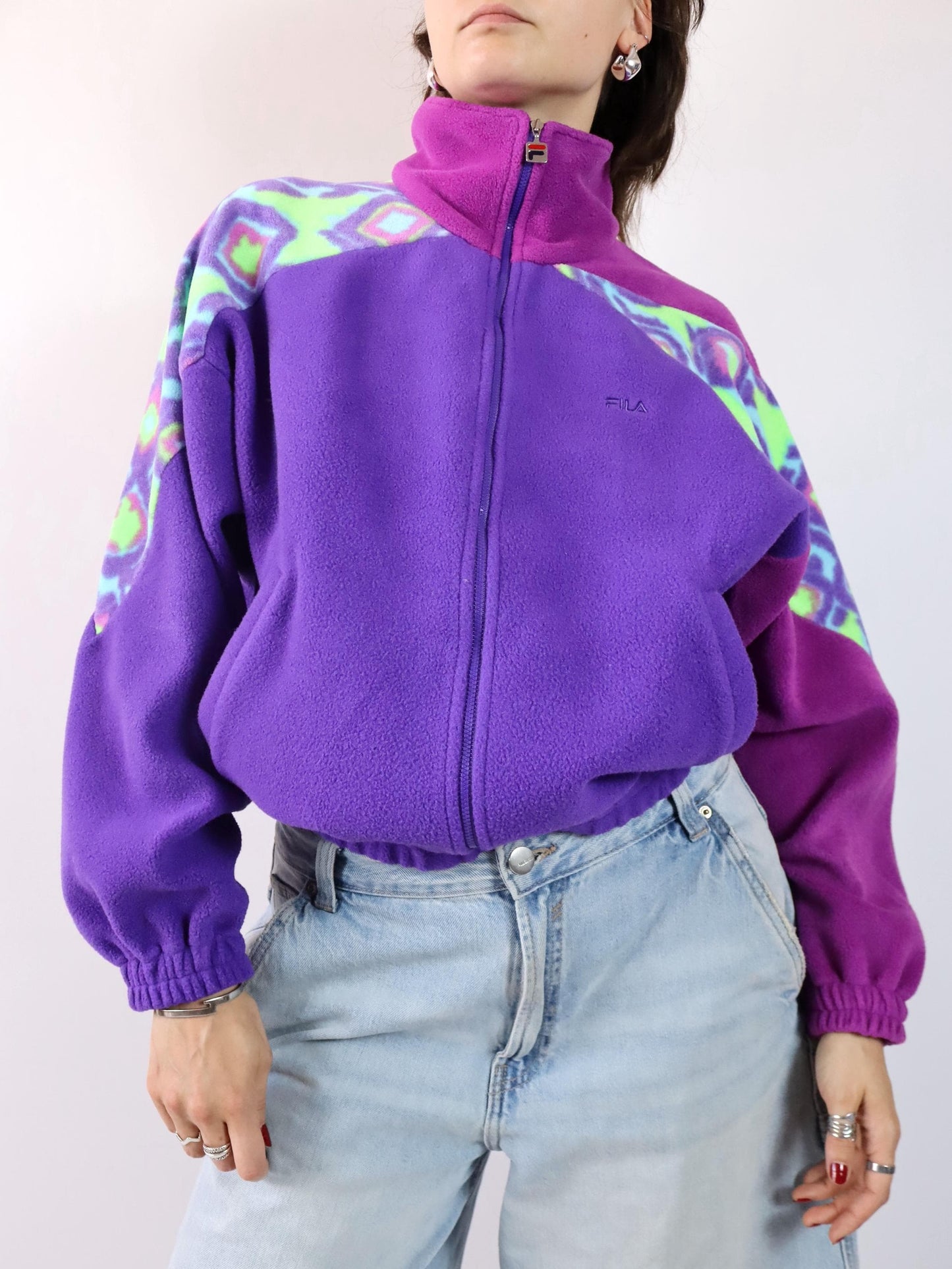 Vintage 80er 90er FILA Fleecejacke Jacke Stehkragen Reißverschluss Fleece pink lila crazy pattern 42
