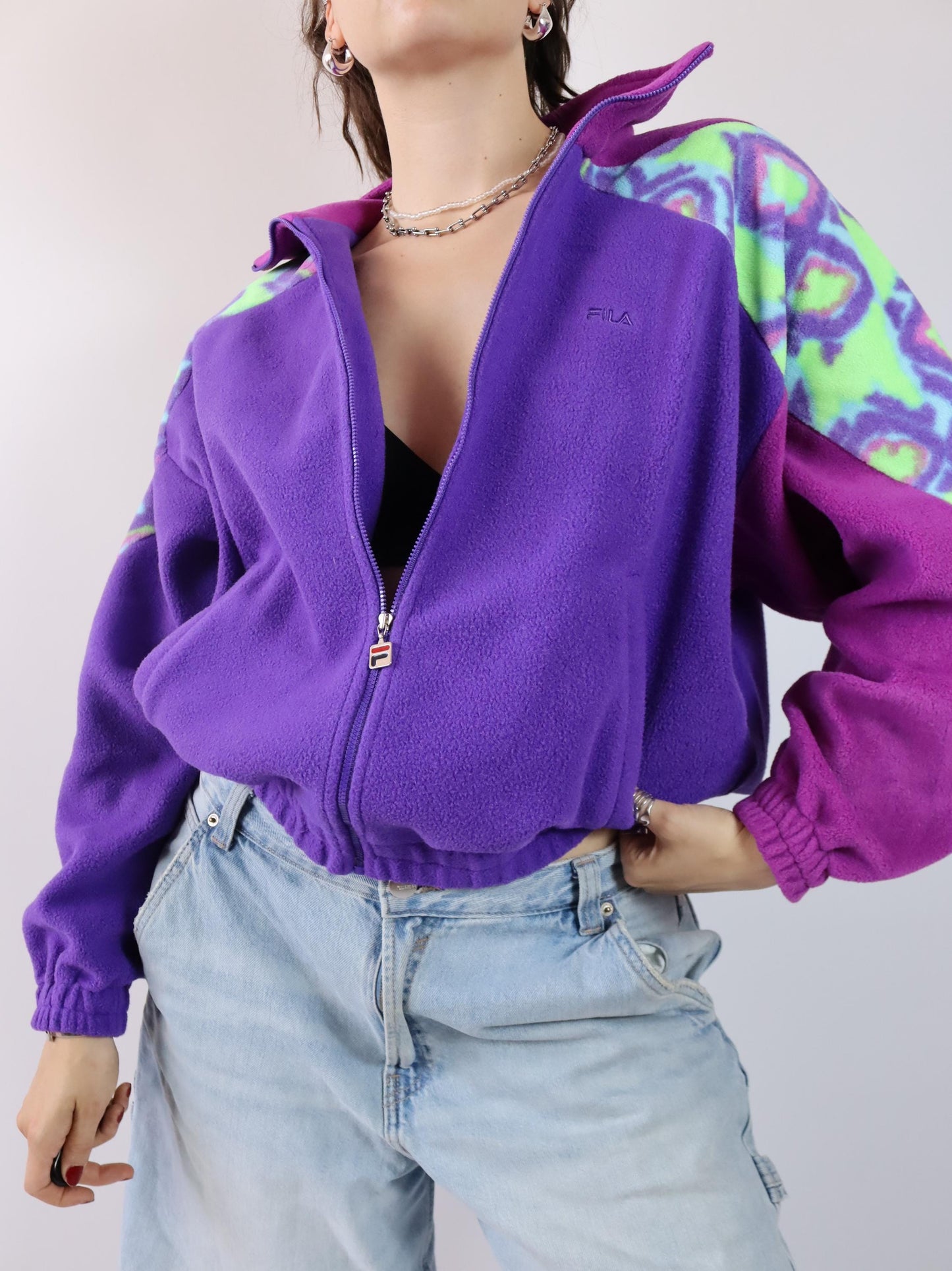 Vintage 80er 90er FILA Fleecejacke Jacke Stehkragen Reißverschluss Fleece pink lila crazy pattern 42