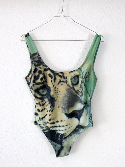 Vintage 80er 90er MARI Body Badeanzug Print Tiger Rückenfrei 40