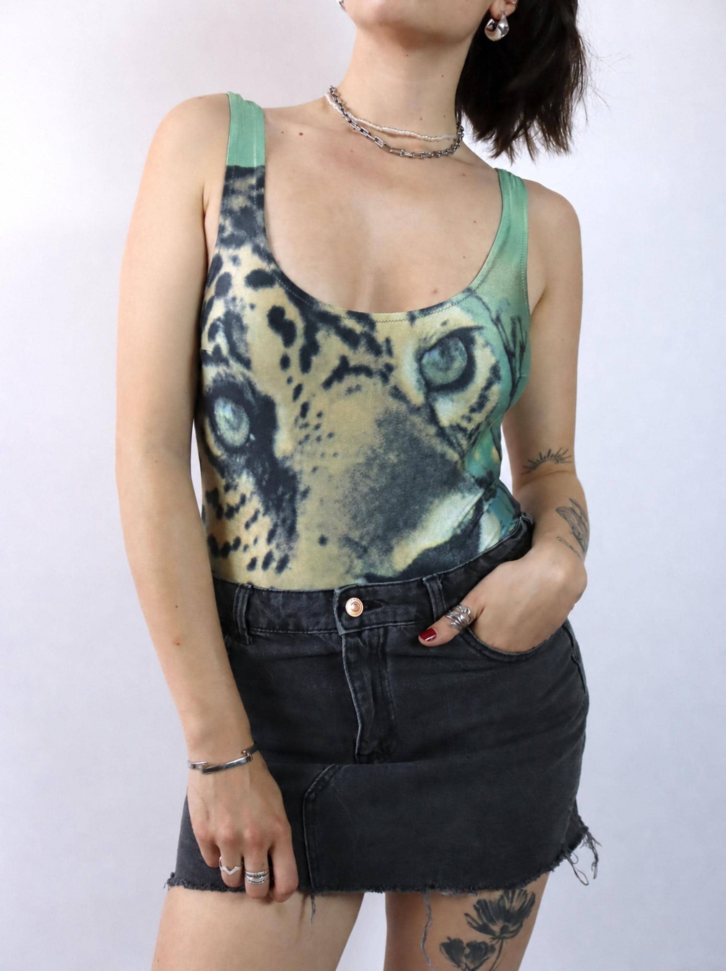 Vintage 80er 90er MARI Body Badeanzug Print Tiger Rückenfrei 40
