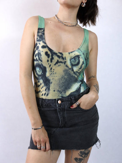 Vintage 80er 90er MARI Body Badeanzug Print Tiger Rückenfrei 40