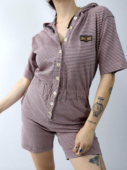 Vintage 80er 90er BELFE Einteiler Jumpsuit Knopfleiste Kapuze gestreift 42