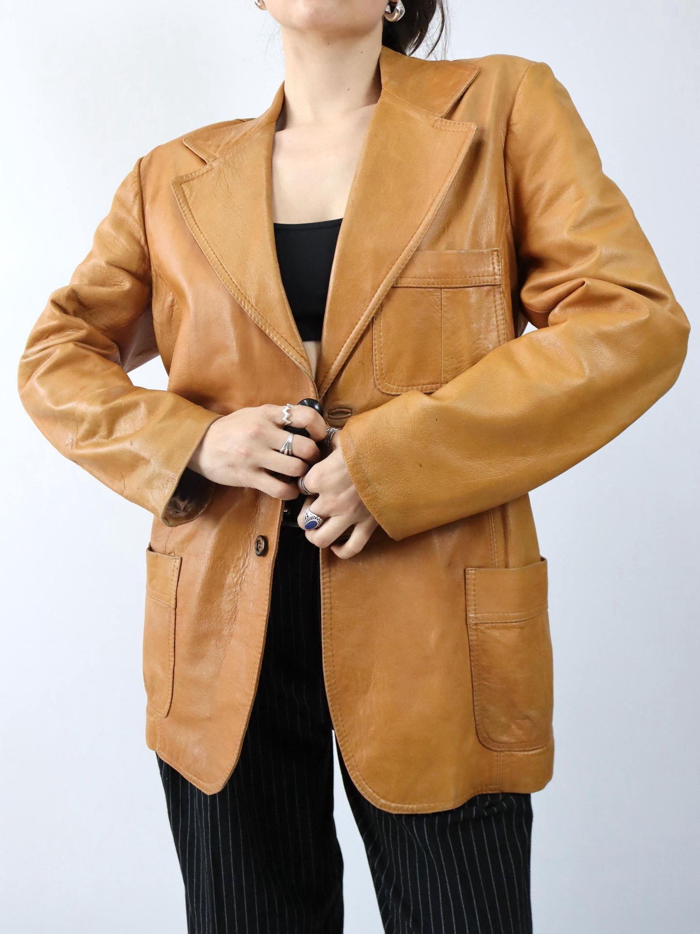 Vintage 80er 90er CREAZIONI ASSO Lederjacke Blazer Mantel hellbraun L